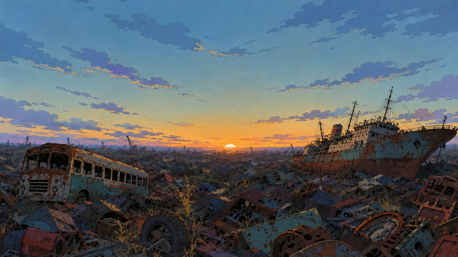 Sunrise over an endless scrapyard with a beached rusting ship