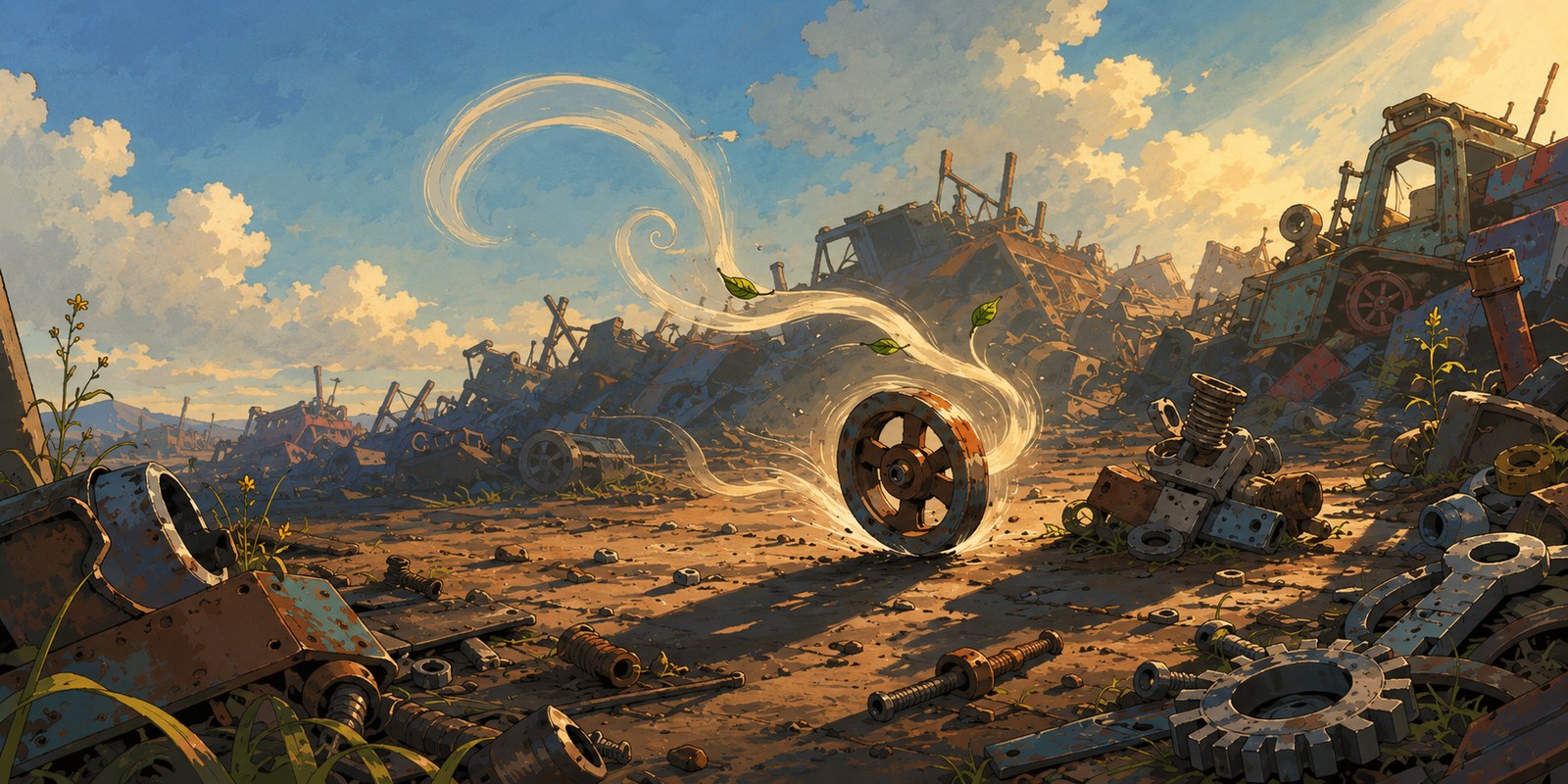 A lone wheel spinning in a scrapyard, wrapped in swirling wind and leaves