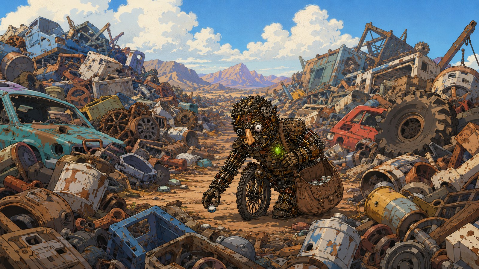 Knack the scrap-being gathering bottle caps in a sunlit junkyard
