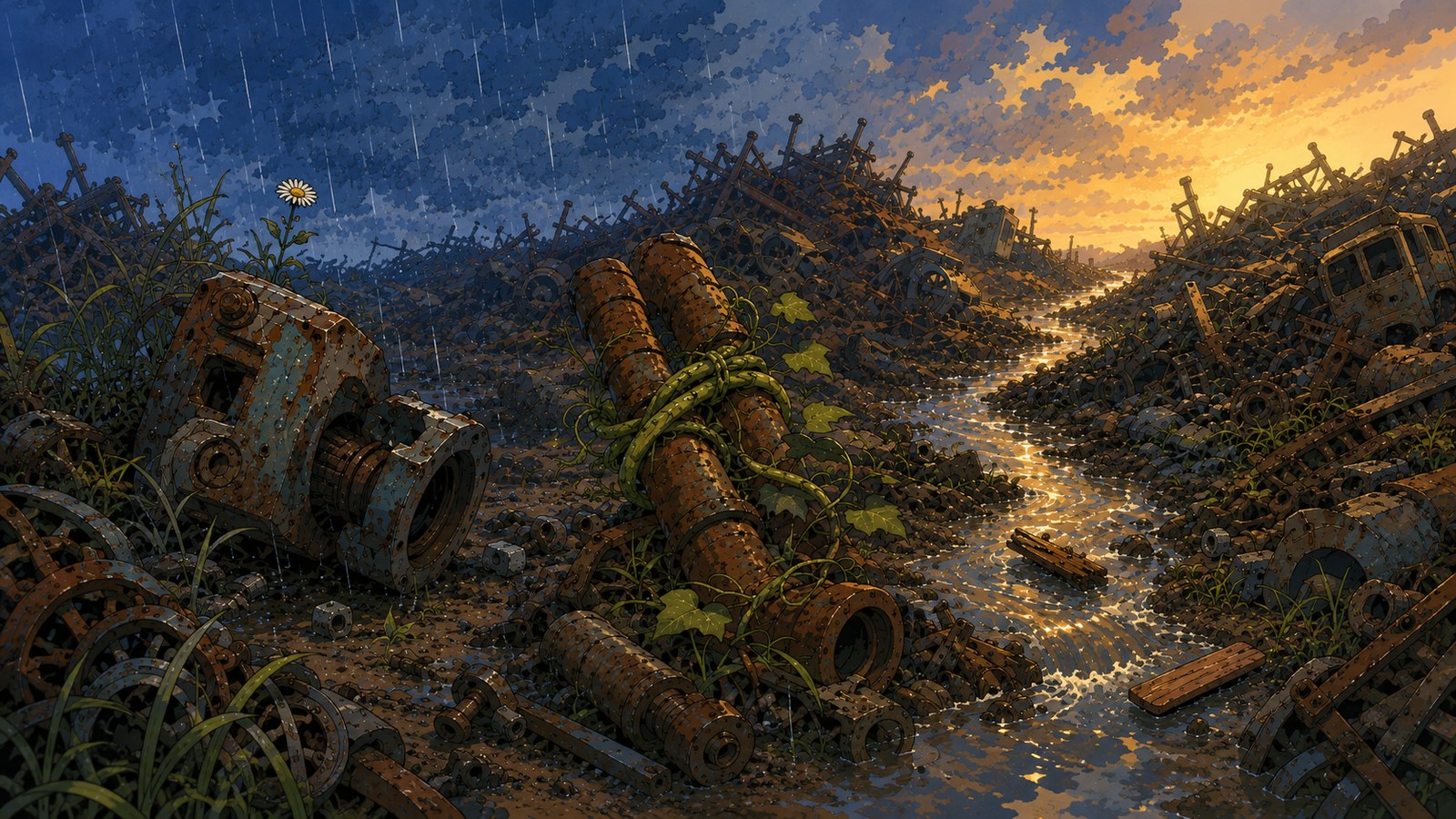 Painterly scrapyard at dusk with a rain-washed golden stream
