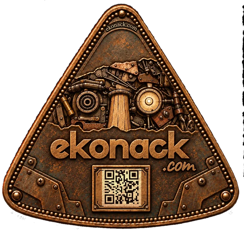 The back of a badge, carrying the Ekonack mark and a QR code