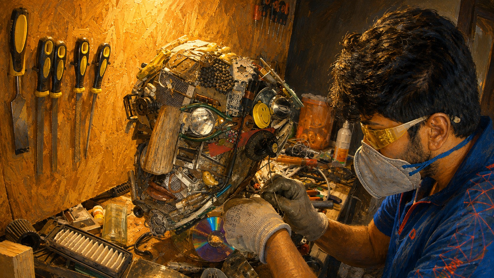 Knack's knickknack-and-wood face being built by hand in the workshop